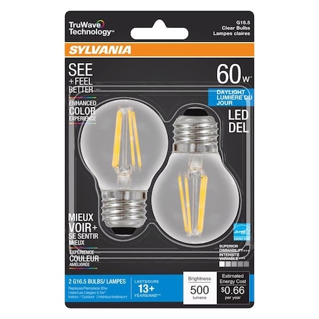 Sylvania Sylvania Truwave G16.5 E26 (Medium) LED Bulb Daylight 60 Watt Equivalence 2 pk 40851